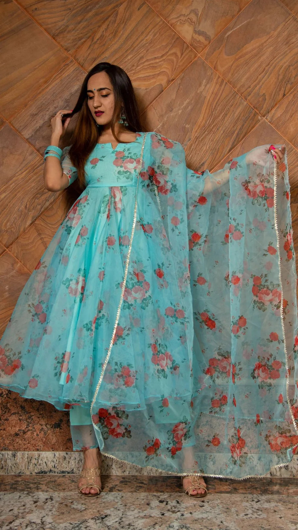 Ganguar Blue and Red Floral Organza Anarkali Set