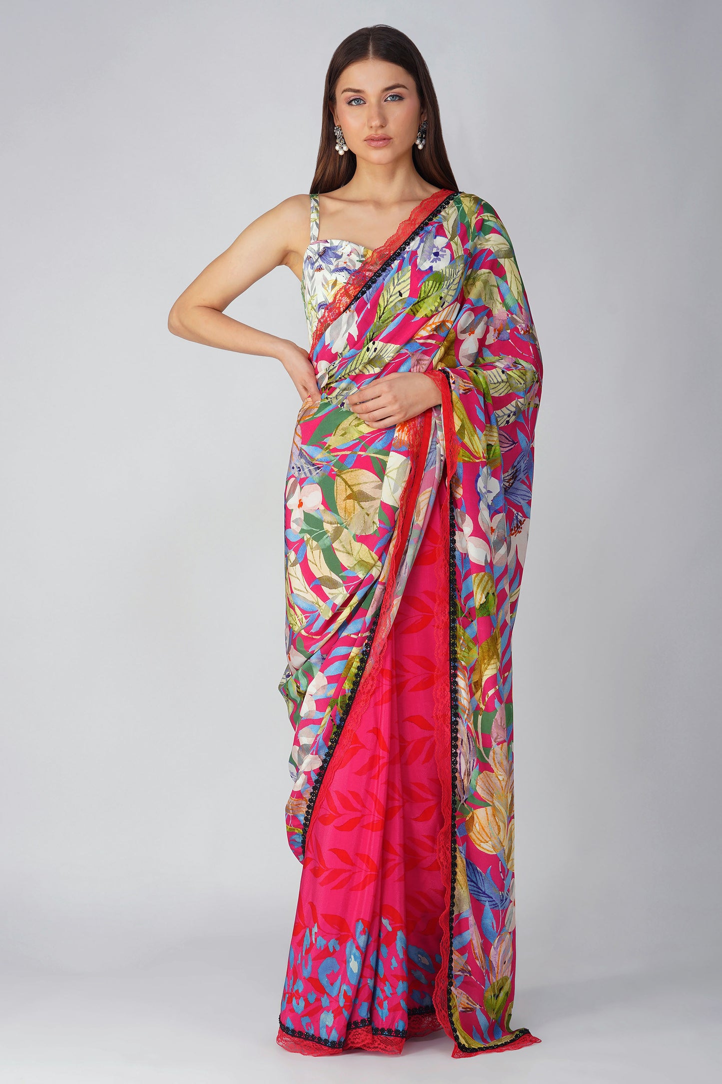 Rani Pink Multi Leaf Printed Saree Set