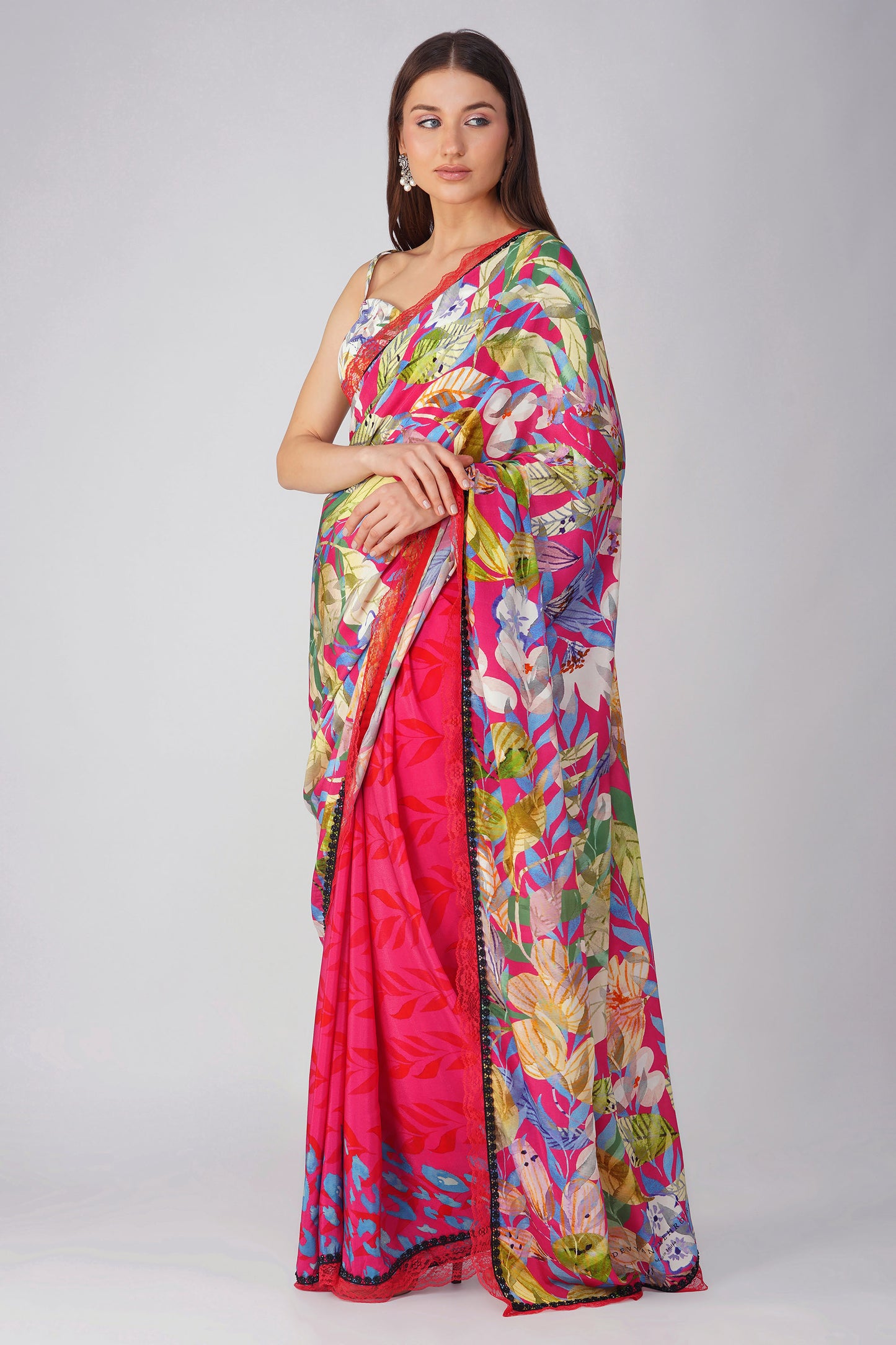 Rani Pink Multi Leaf Printed Saree Set