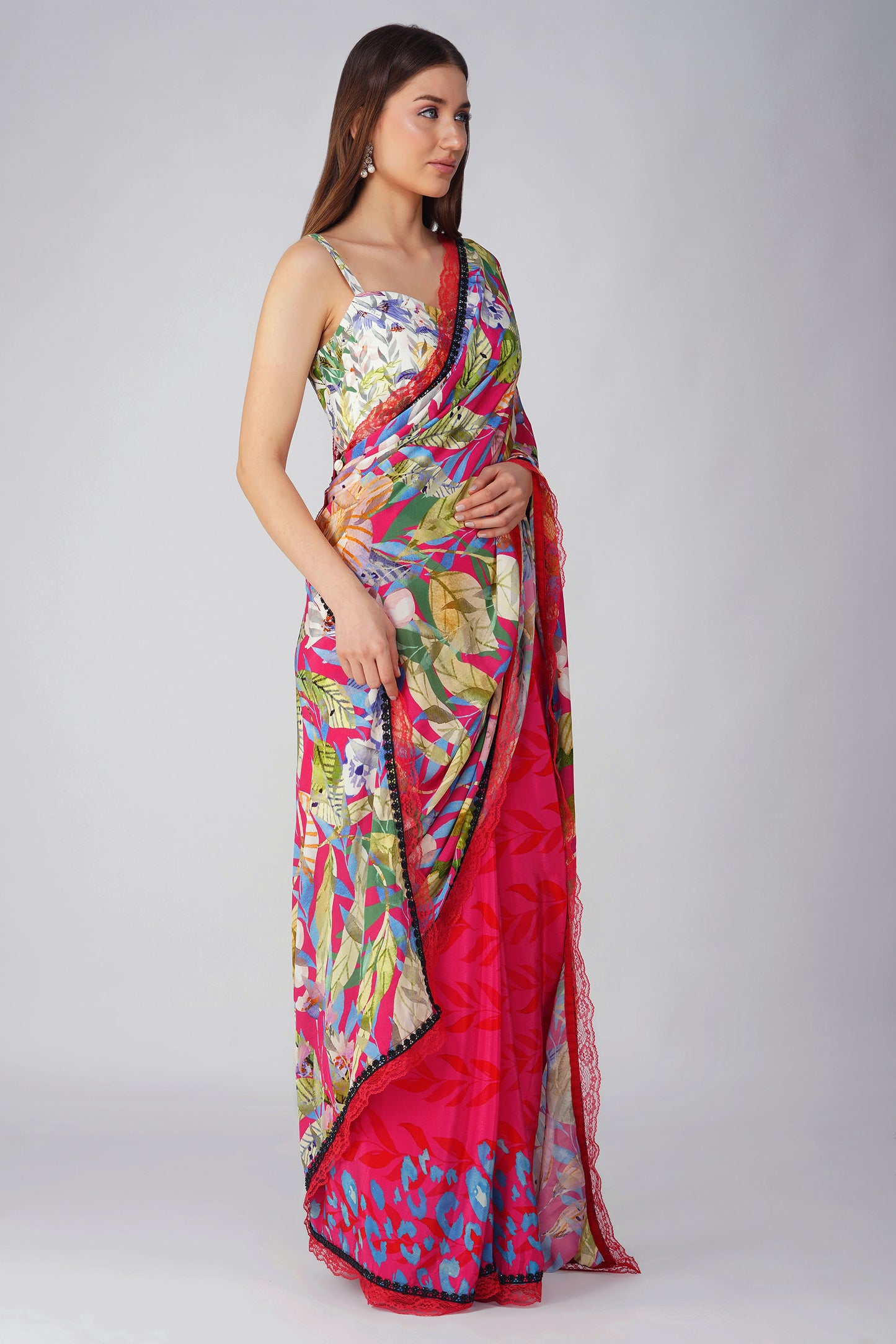 Rani Pink Multi Leaf Printed Saree Set