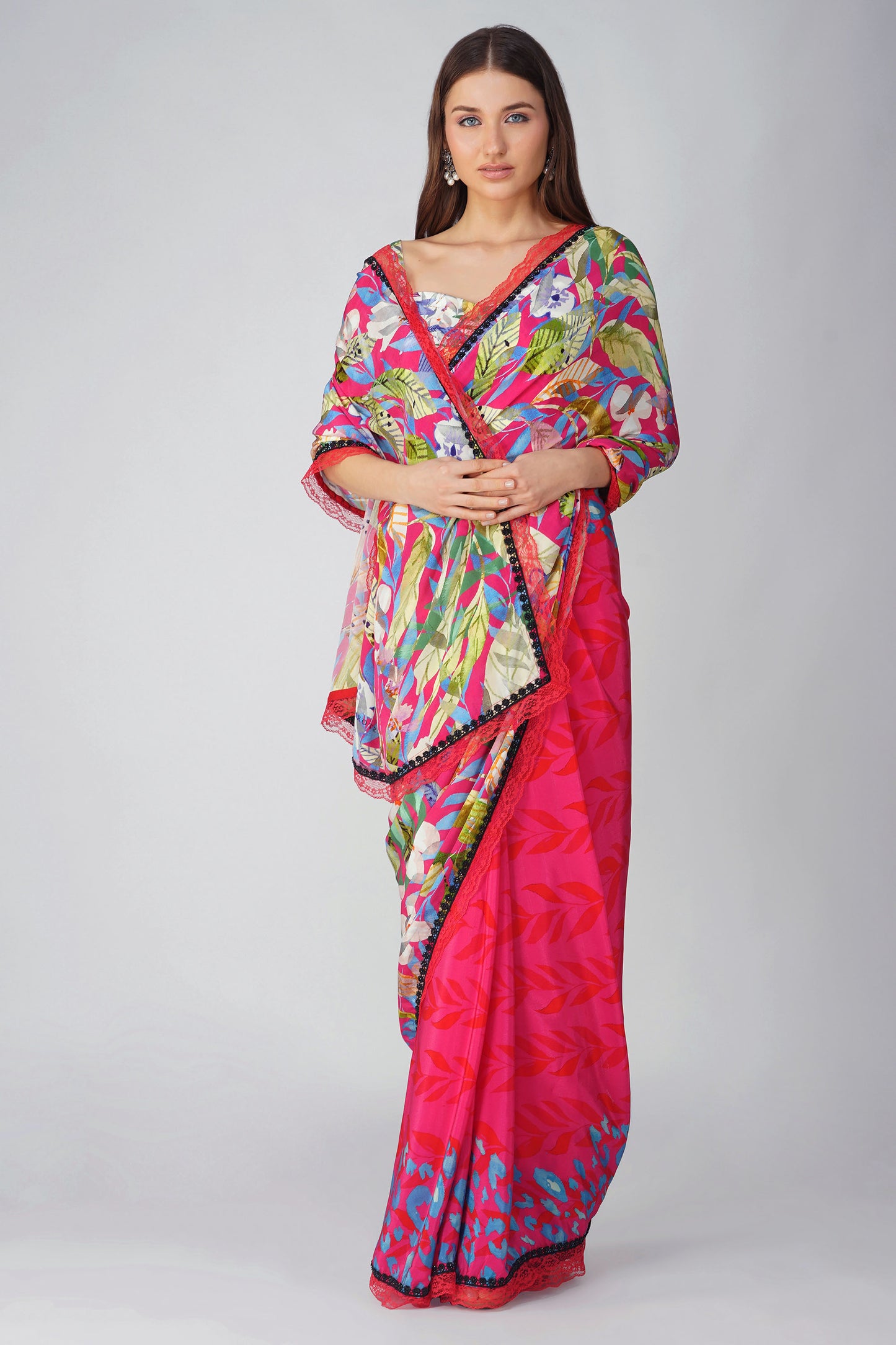 Rani Pink Multi Leaf Printed Saree Set