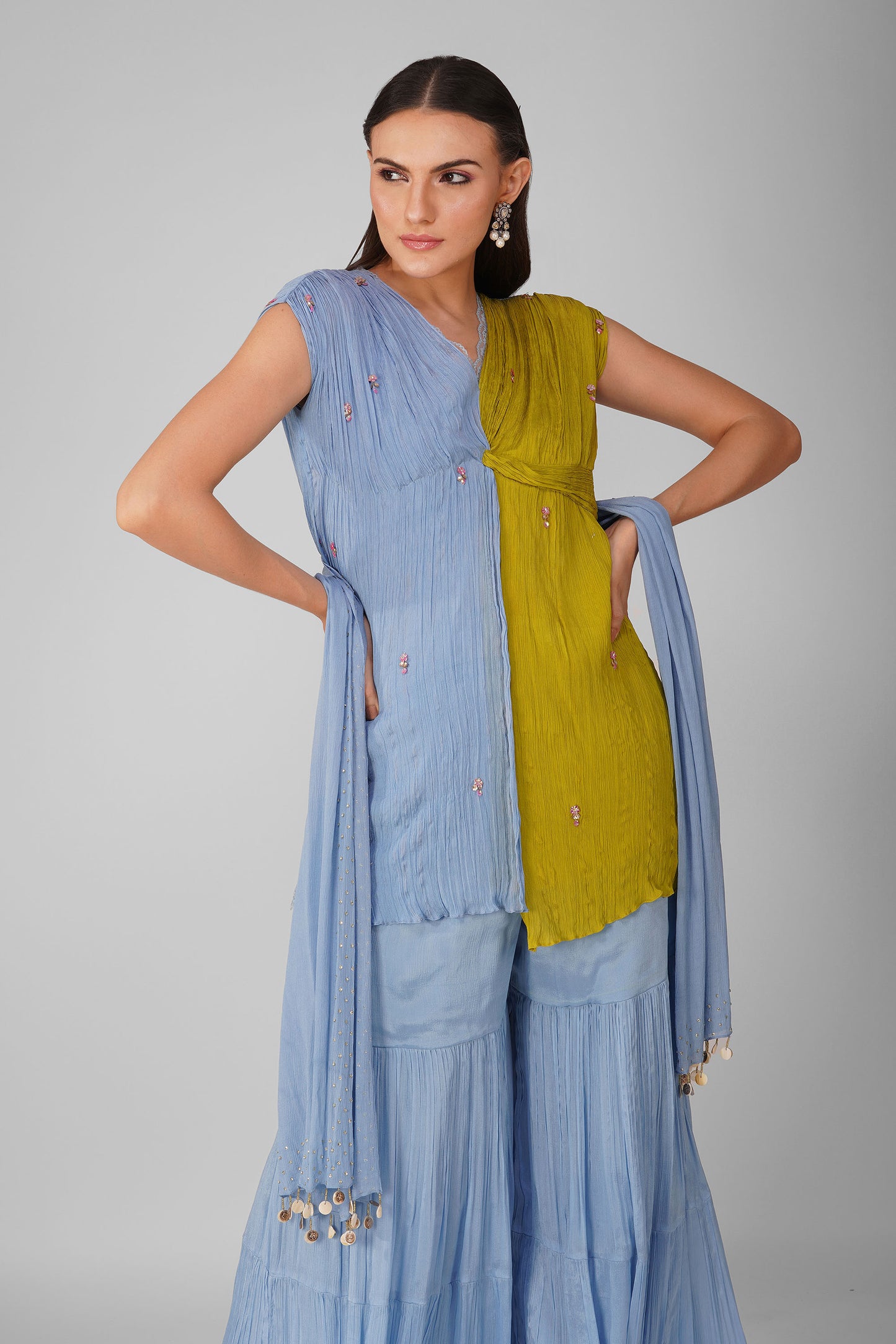 Cosmic Lime flower knotted Kurta and Garara Set