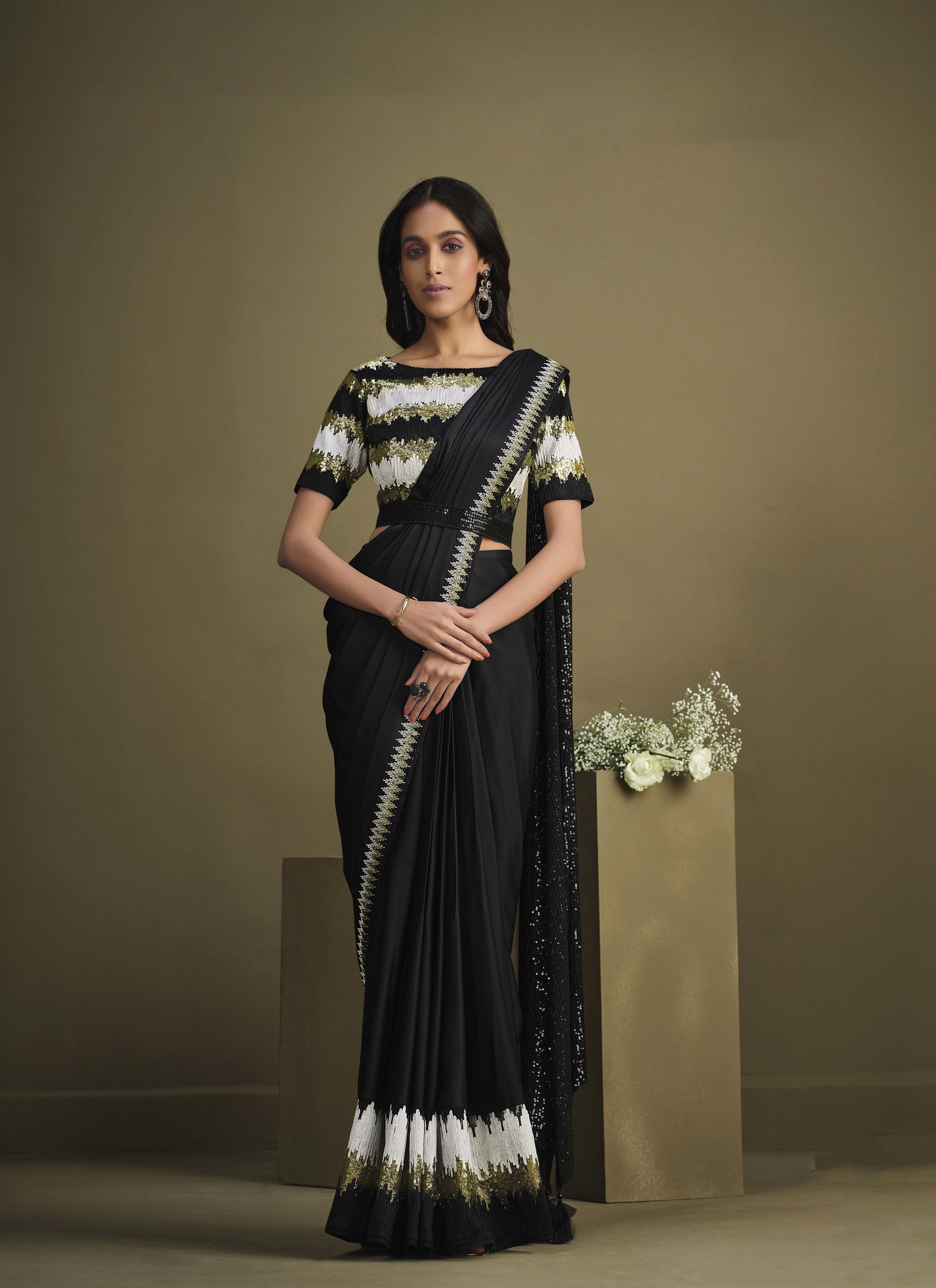 Black Colour Satin,Georgette Fabric Party Wear Saree.