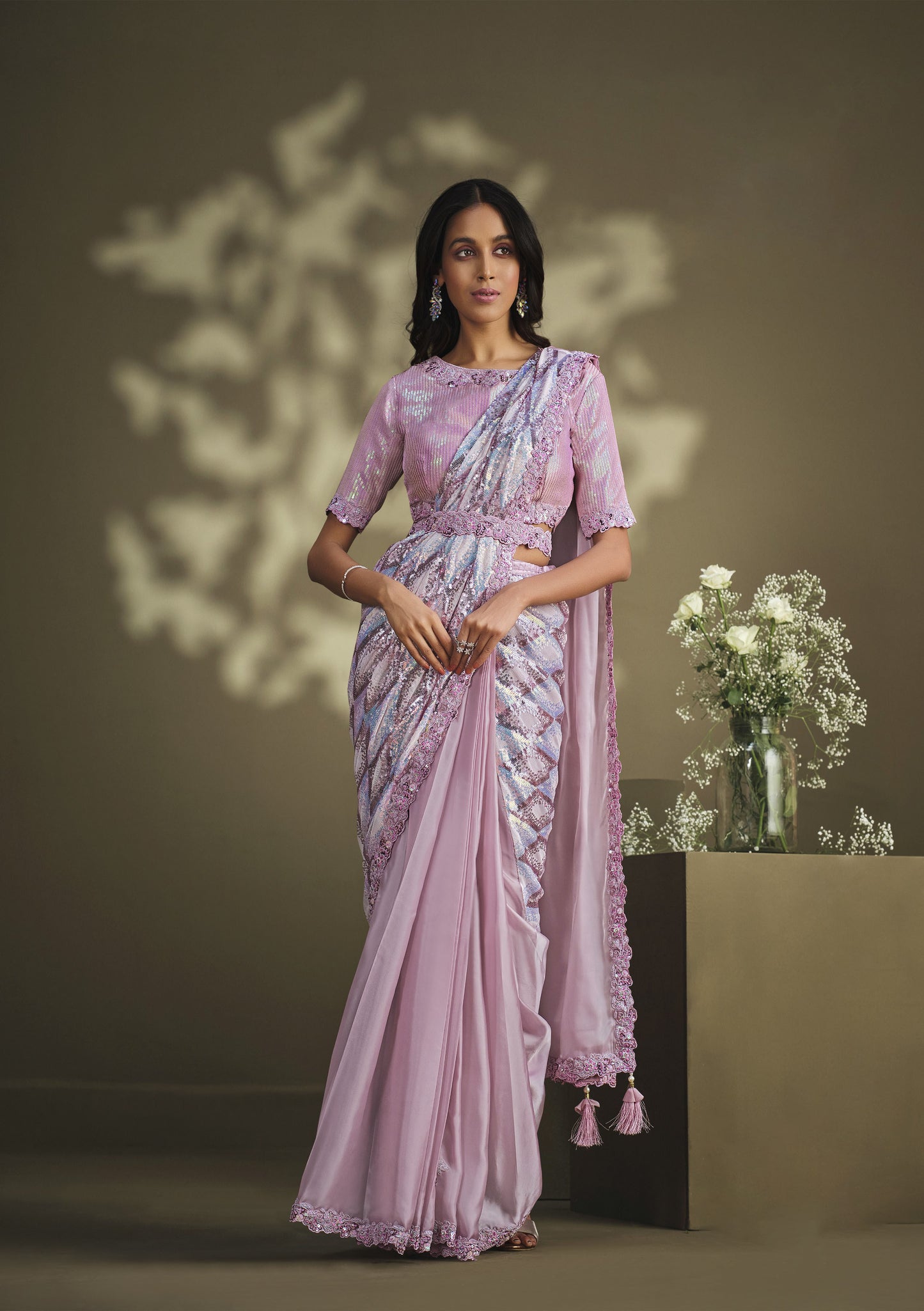 Light Pink Color Sequins Work Crepe Silk Partywear Saree