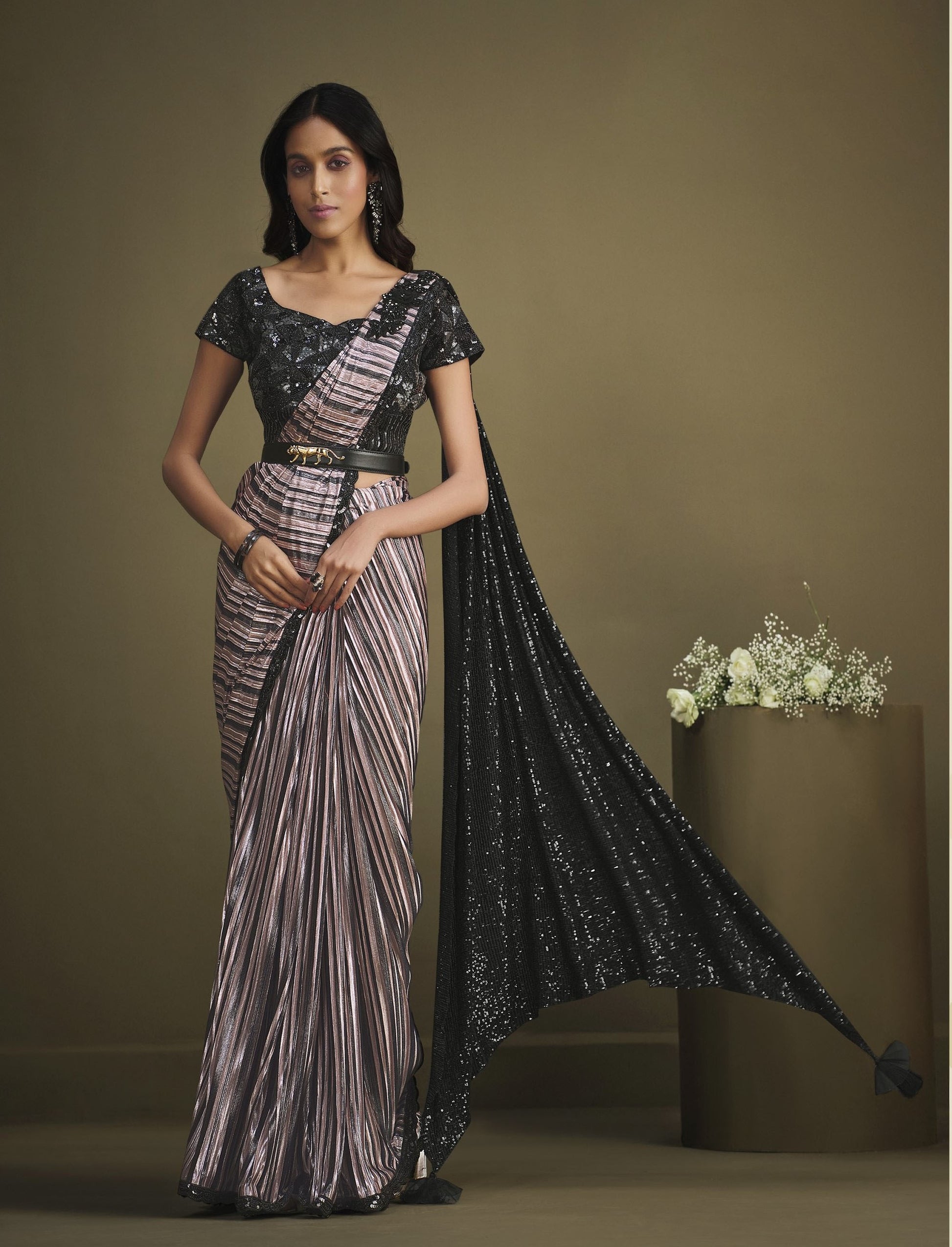 Wine and Black Color Sequins Work Silk Partywear Saree