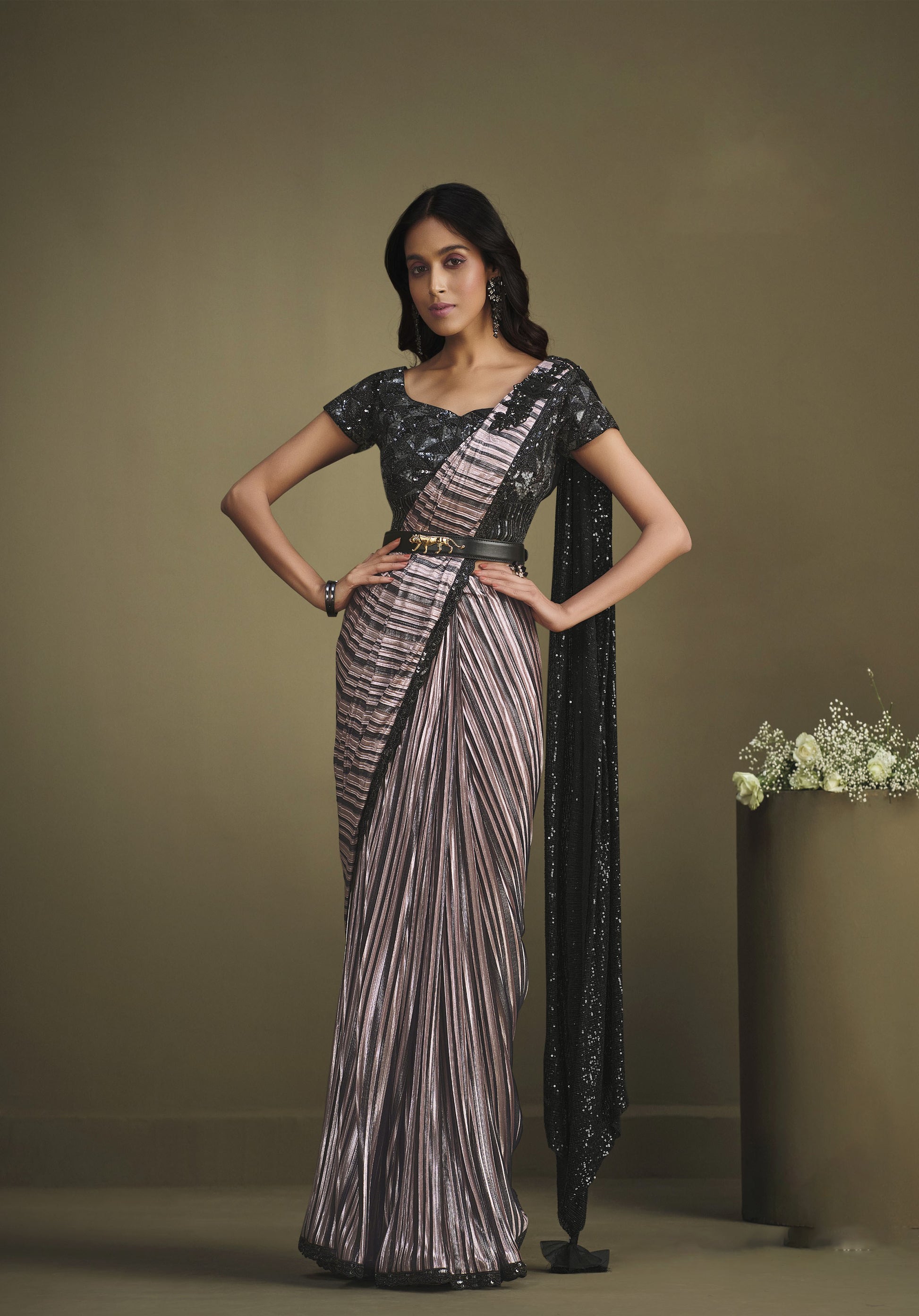 Wine and Black Color Sequins Work Silk Partywear SareeWine and Black Sequins Work Silk Partywear Saree