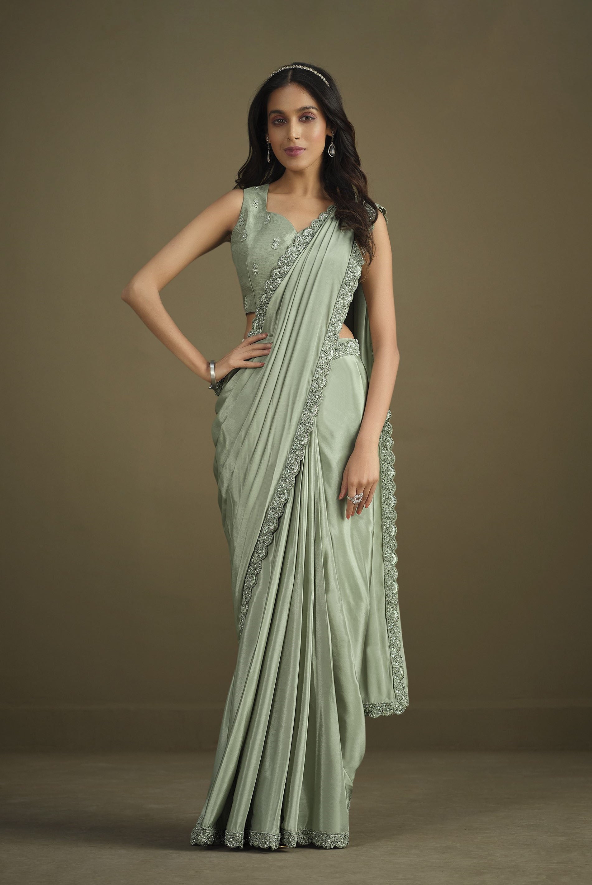 Mint Green Sequins Work Crepe Silk Partywear Saree