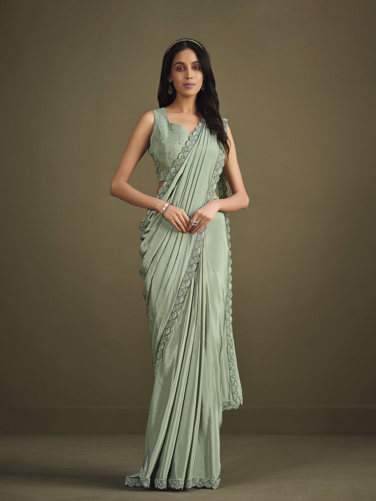 Mint Green Sequins Work Crepe Silk Partywear Saree