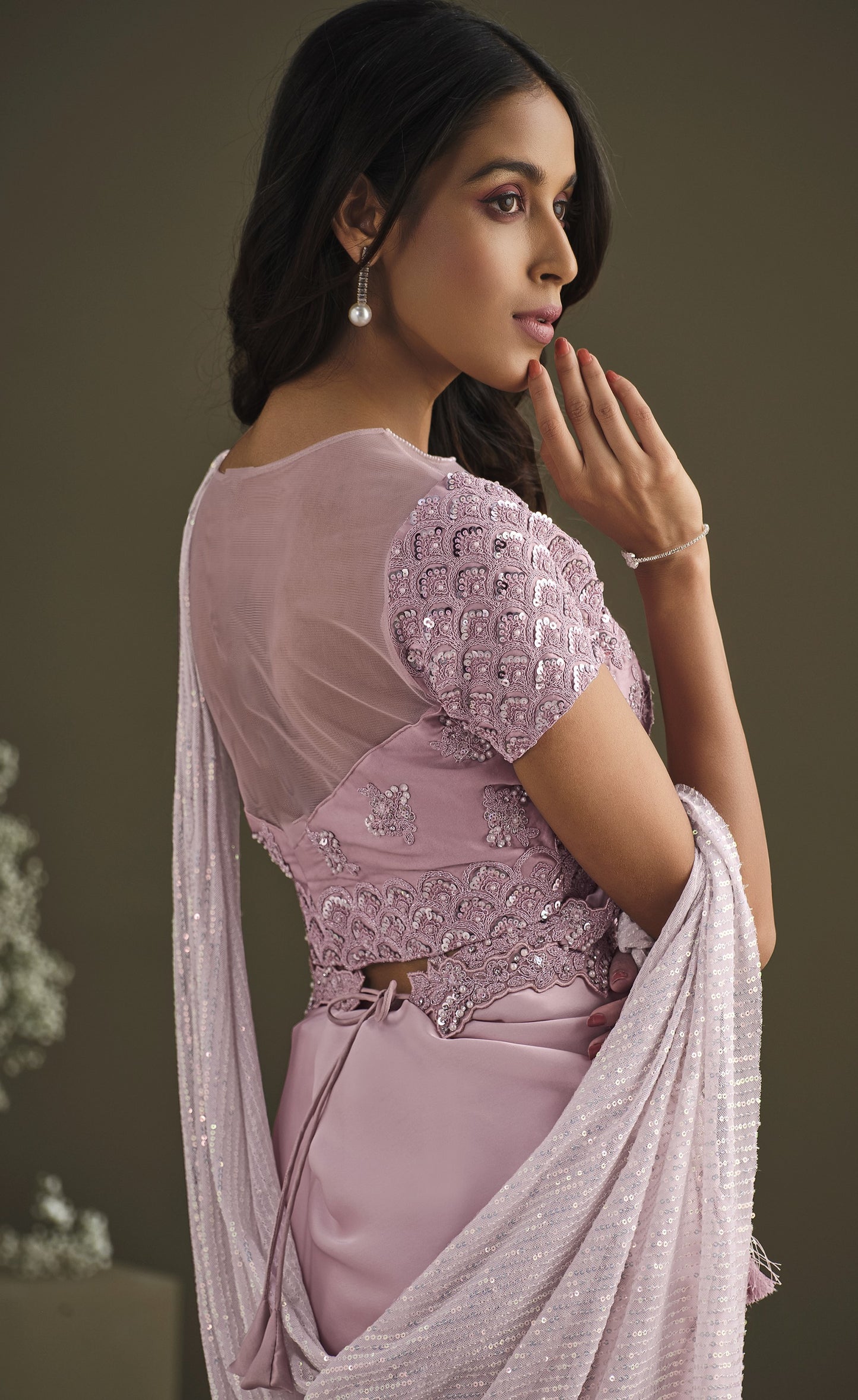 Pink Color Sequins Work Silk Partywear Saree