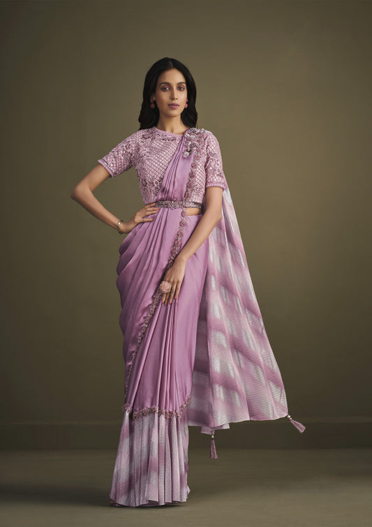 Lilac Sequins Work Satin Silk Partywear Saree