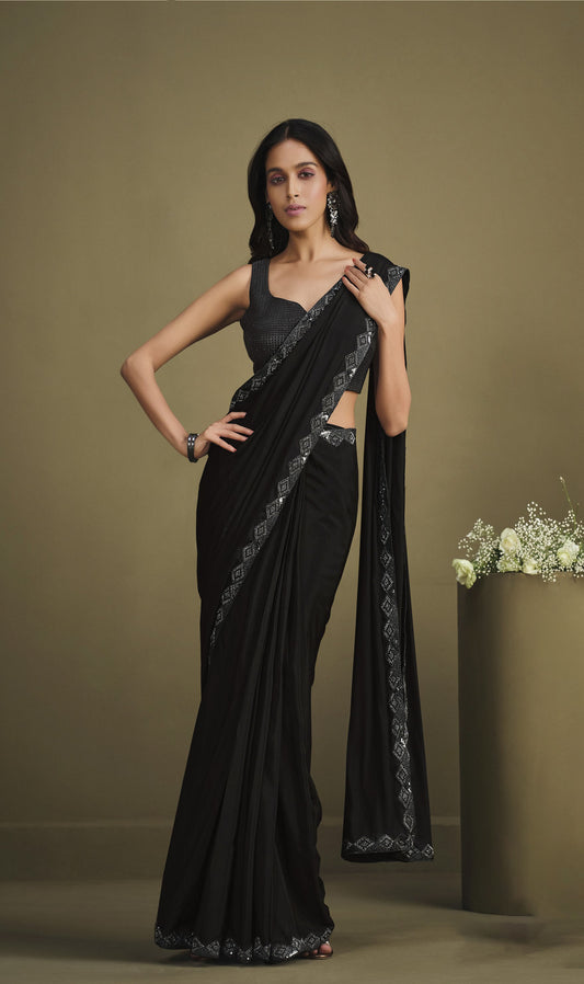 Black Sequins Work Crepe Silk Partywear Saree