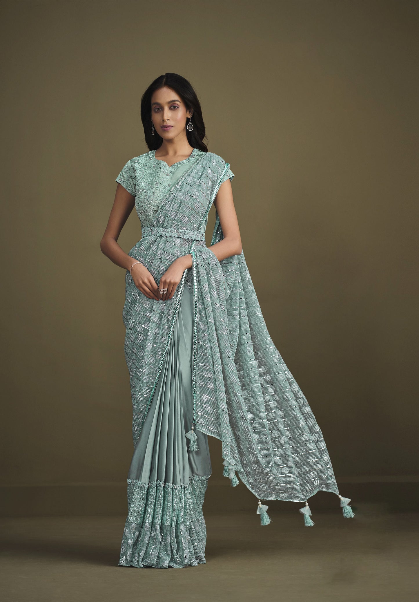 Ice Blue Sequins Work Satin Silk Partywear Saree