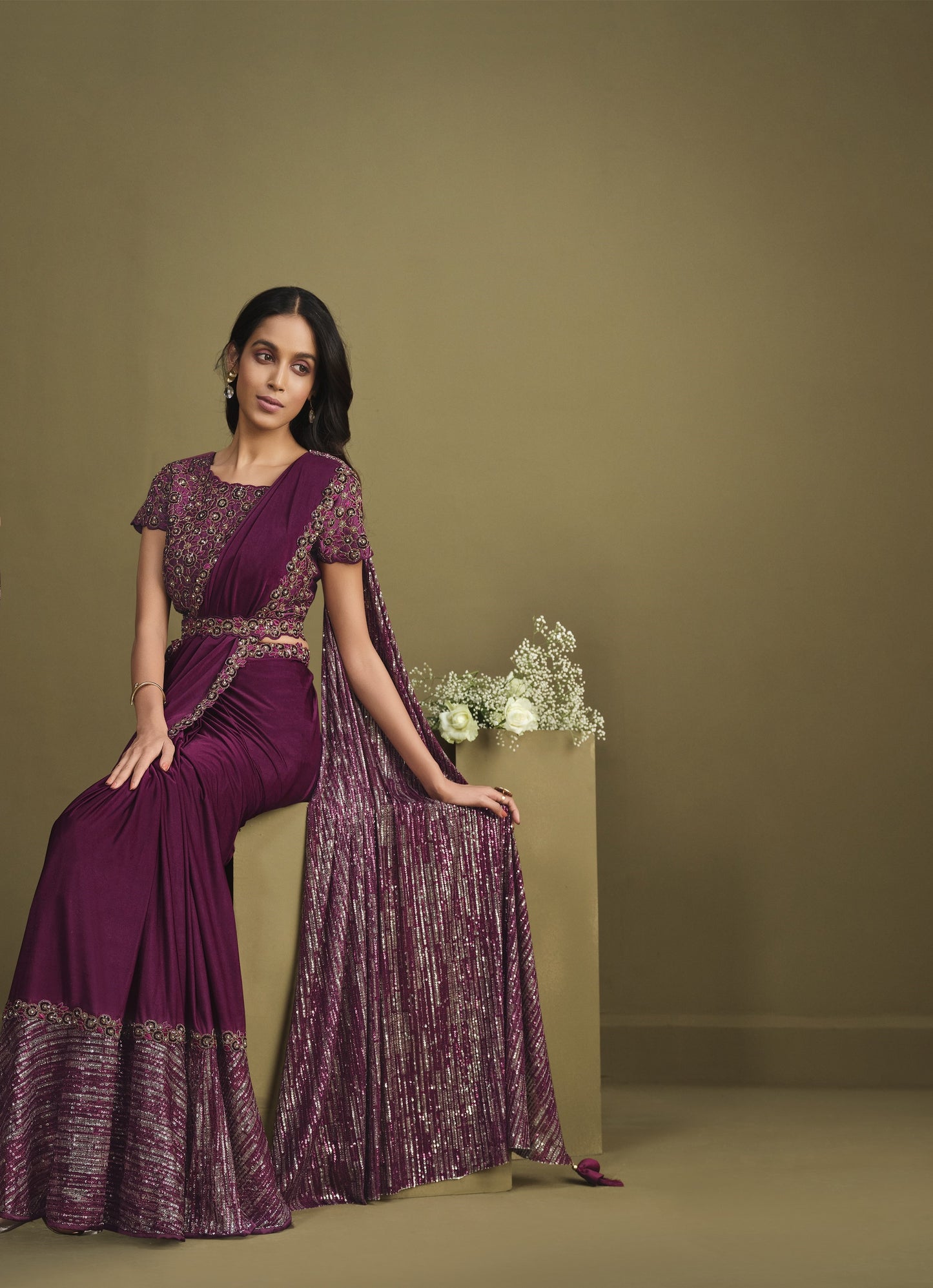 Purple Color Sequins Work Crepe Silk Partywear Saree