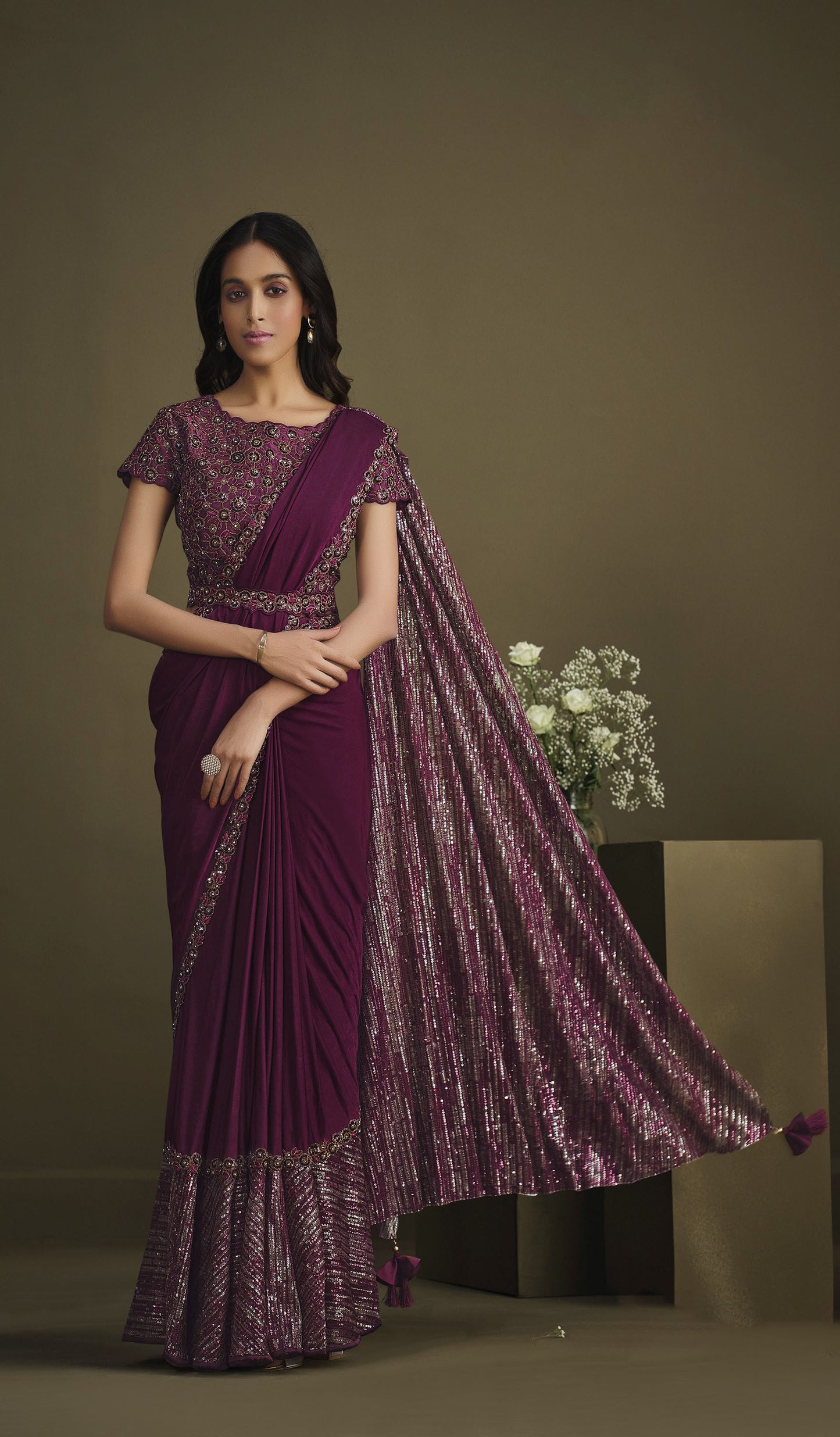 Purple Color Sequins Work Crepe Silk Partywear Saree