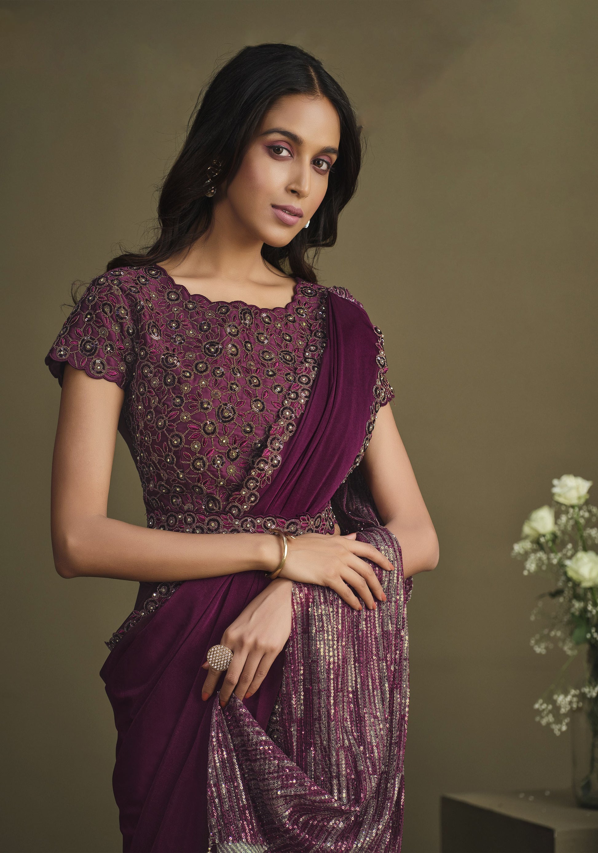 Purple Color Sequins Work Crepe Silk Partywear Saree