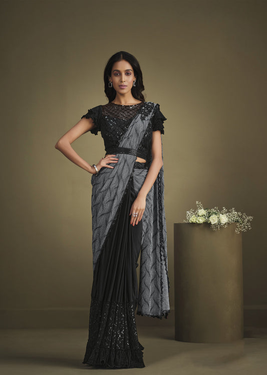 Grey and Black Color Sequins Work Crepe Silk Partywear Saree