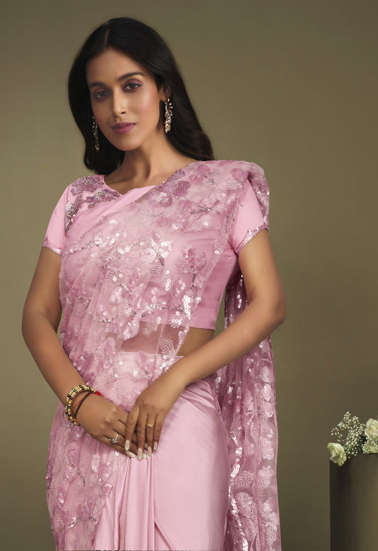 Dazzling Pink Color Sequins Work Crepe Silk Partywear Saree