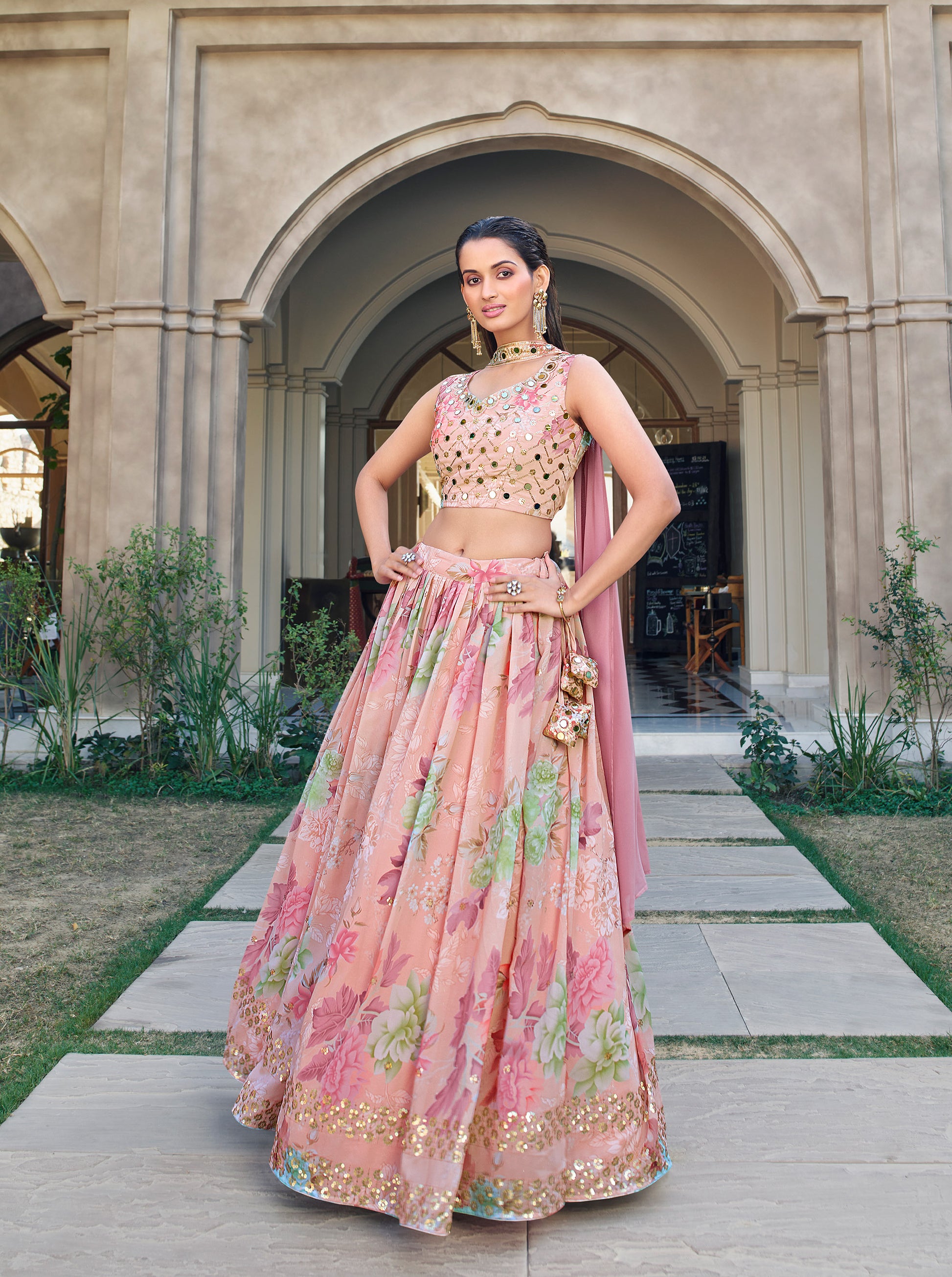 Pink Sequins and Mirror Work Georgette Bridesmaid Lehenga