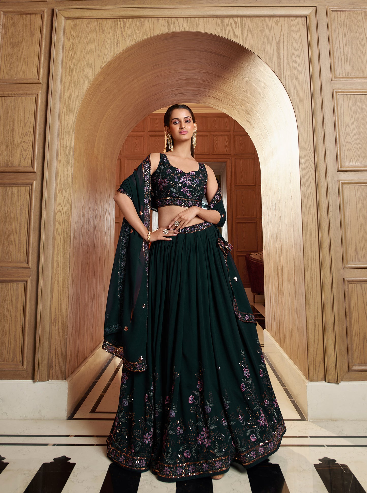 Green Sequins and Mirror Work Georgette Bridesmaid Lehenga