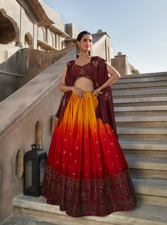 Orange & Wine Sequins and Mirror Work Georgette Bridesmaid Lehenga