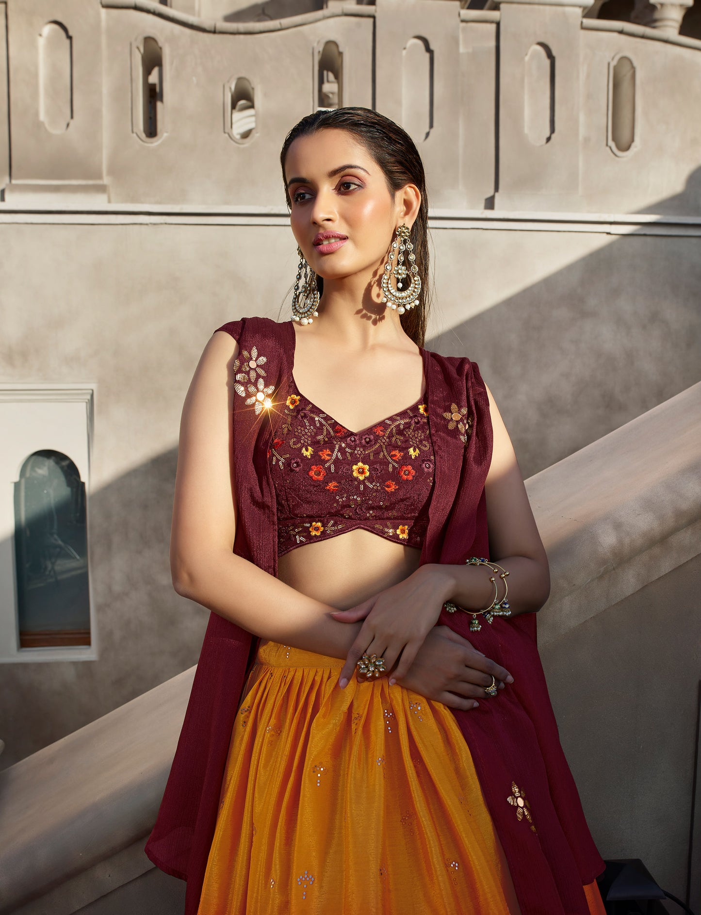 Orange & Wine Sequins and Mirror Work Georgette Bridesmaid Lehenga