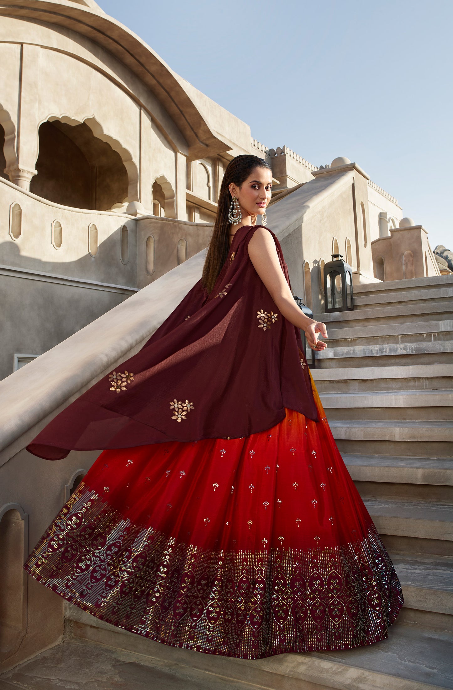 Orange & Wine Sequins and Mirror Work Georgette Bridesmaid Lehenga