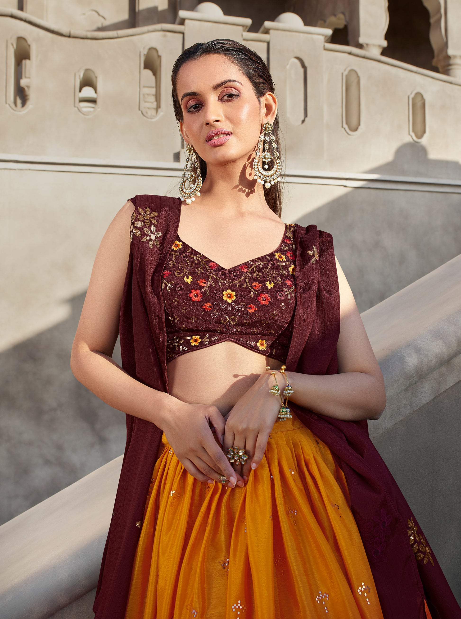 Orange & Wine Sequins and Mirror Work Georgette Bridesmaid Lehenga