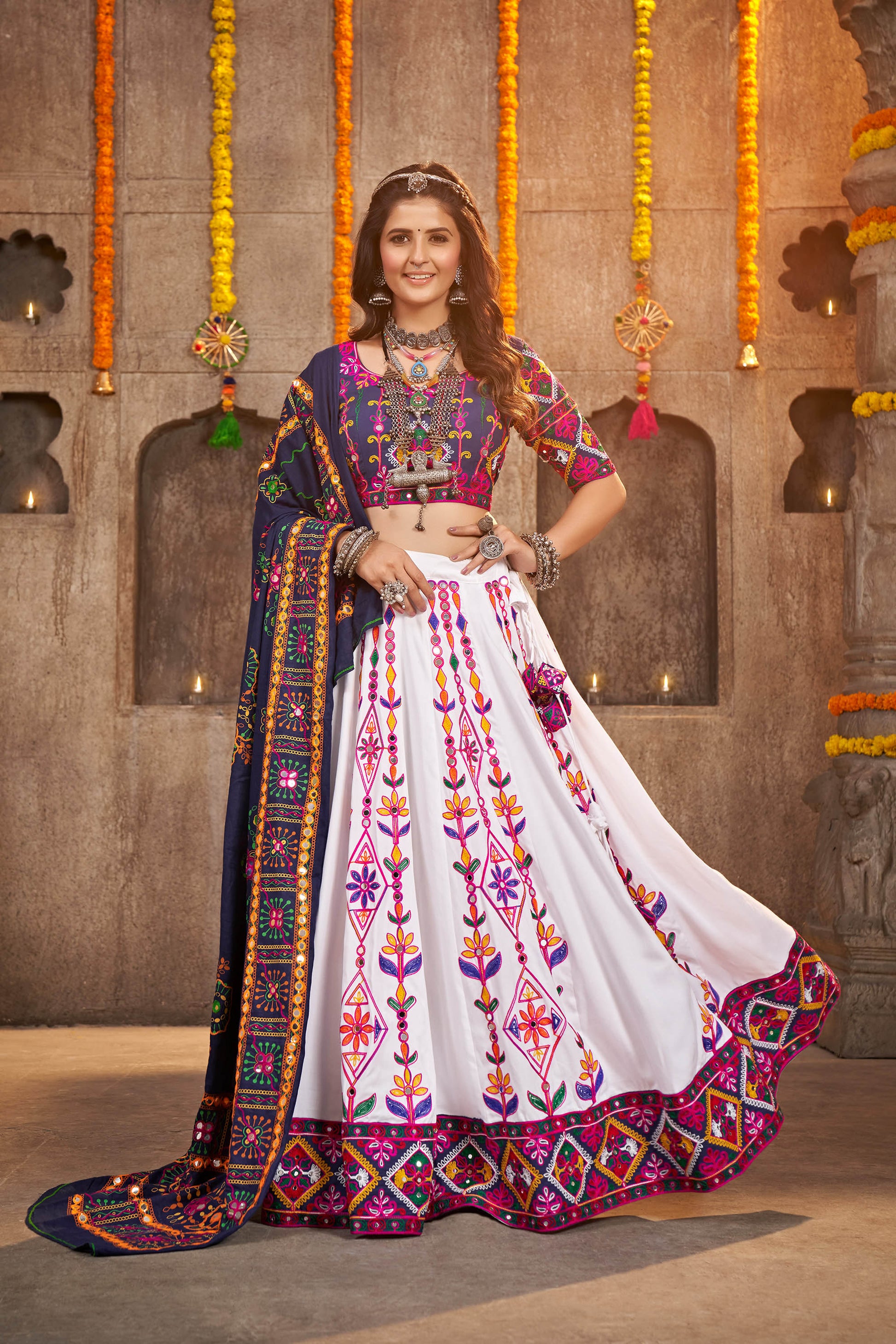 White Color Mirror Work Viscose Rayon Navaratri Lehenga