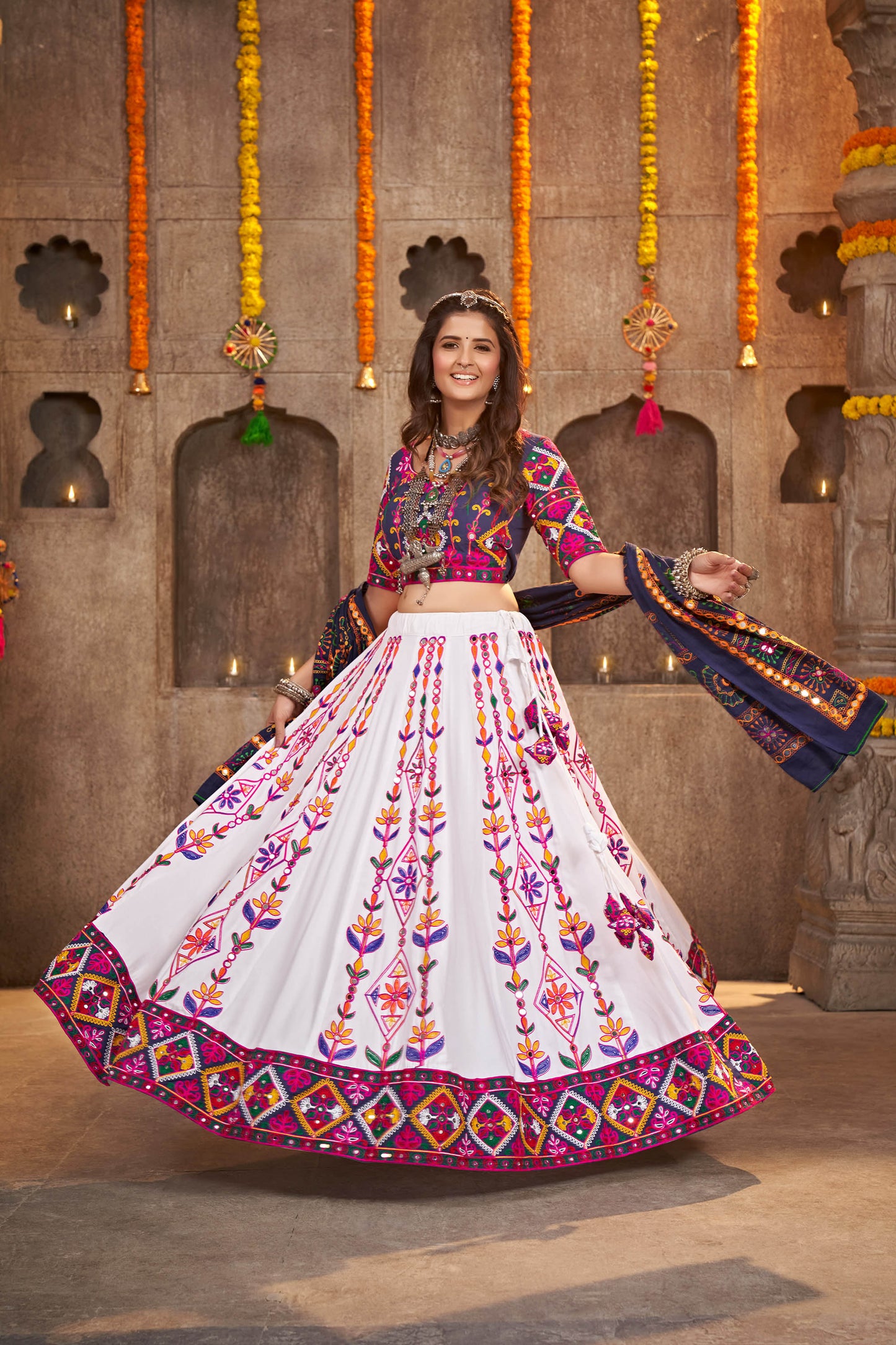 White Color Mirror Work Viscose Rayon Navaratri Lehenga