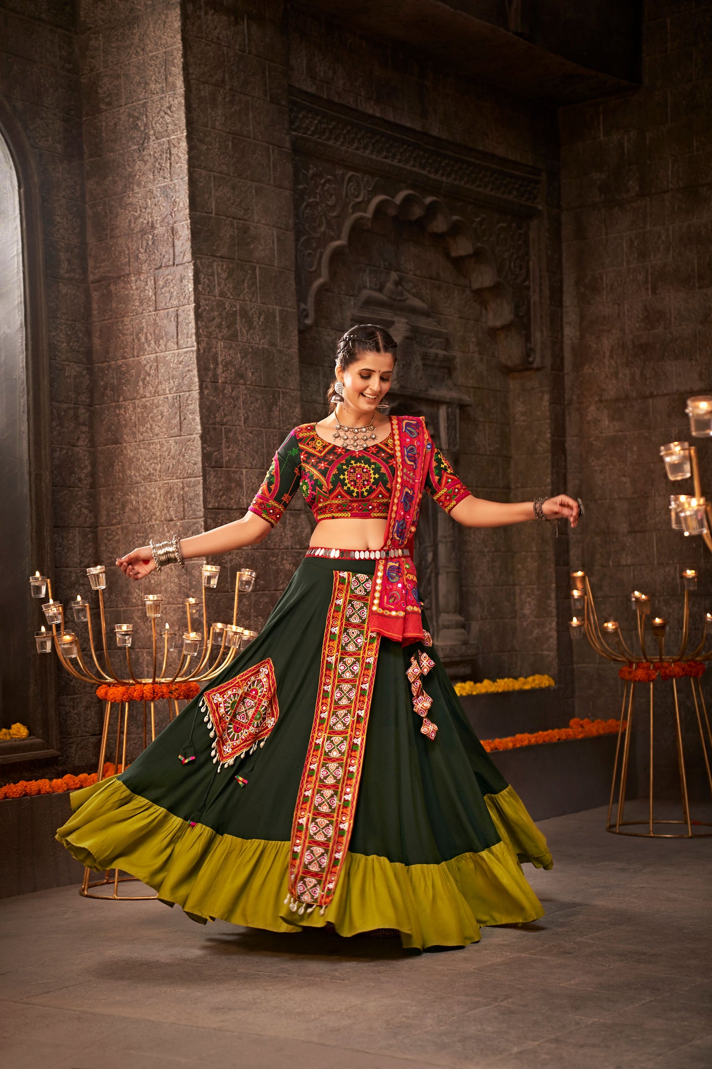 Green Viscose Rayon Mirror Work Navratri Chaniya Choli