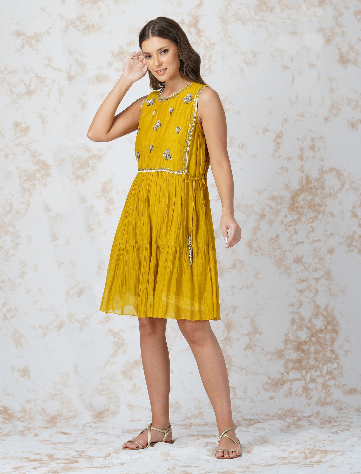 Antique Work Tiered Mustard Dress