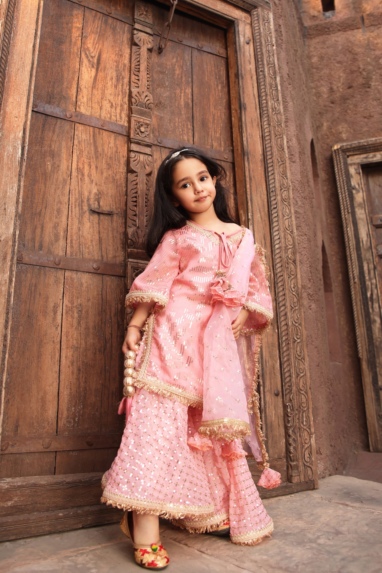 Peach Sequence Embroidery Kurti Sharara