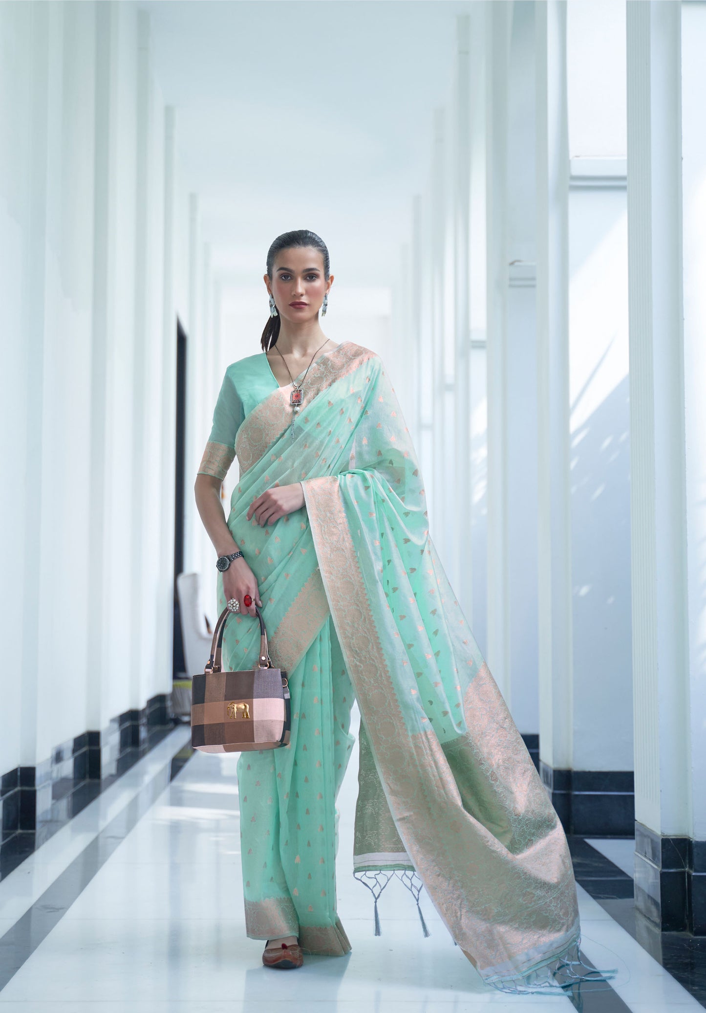 Mint Green Korah Modal Mukaish Handloom Saree