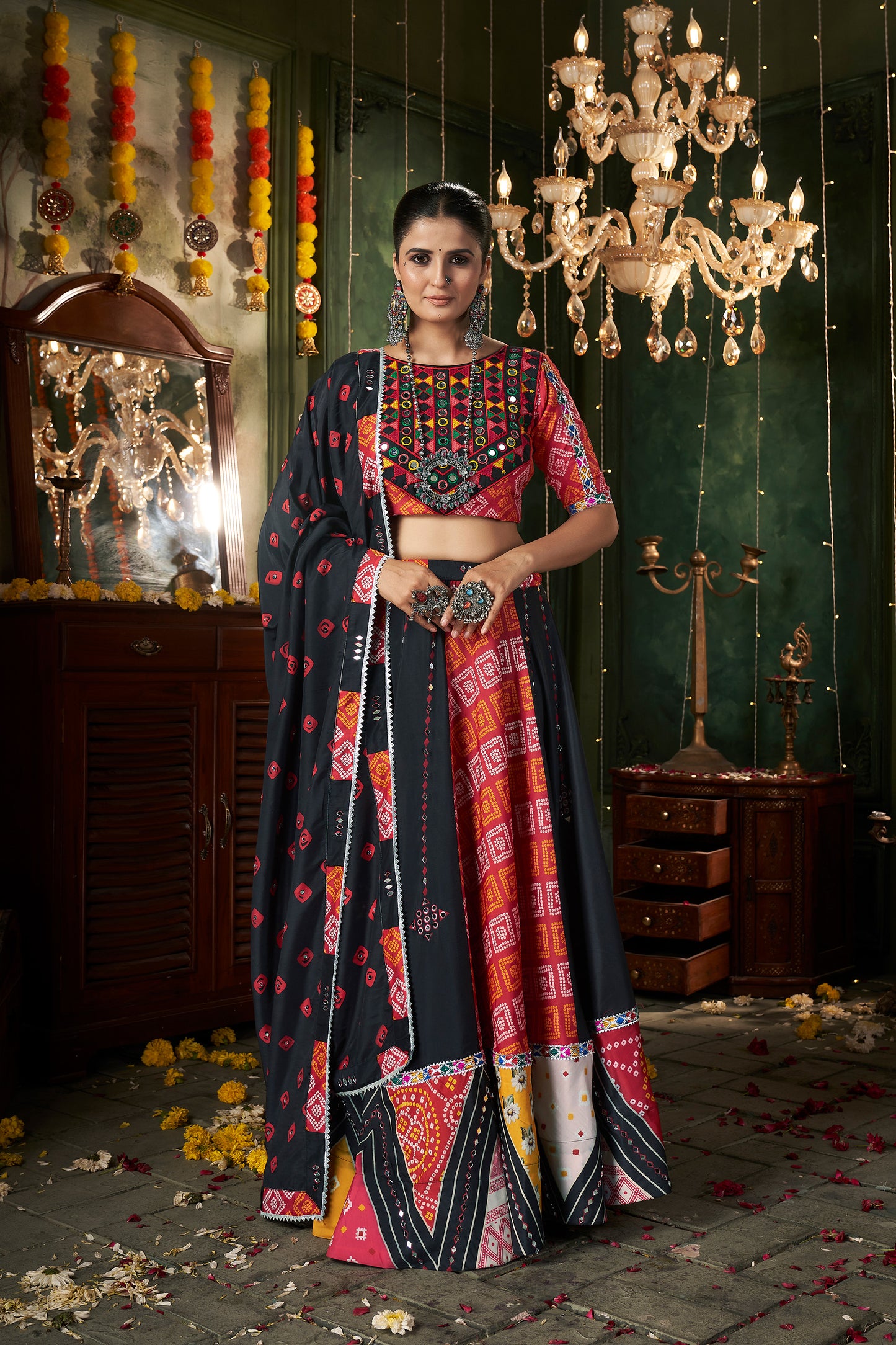 Black Muslin Cotton Mirror work Navratri Lehenga