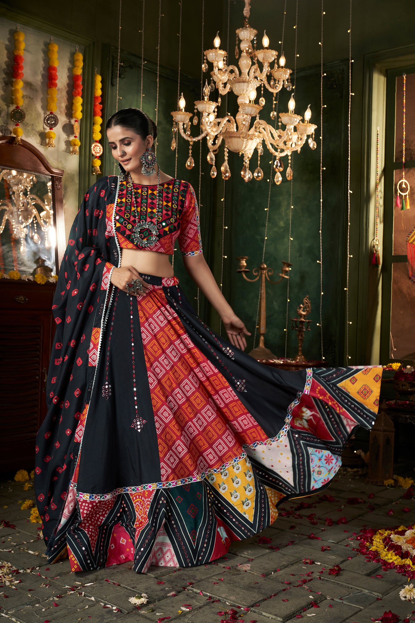 Black Muslin Cotton Mirror work Navratri Lehenga