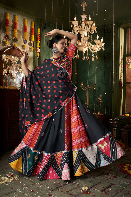 Black Muslin Cotton Mirror work Navratri Lehenga