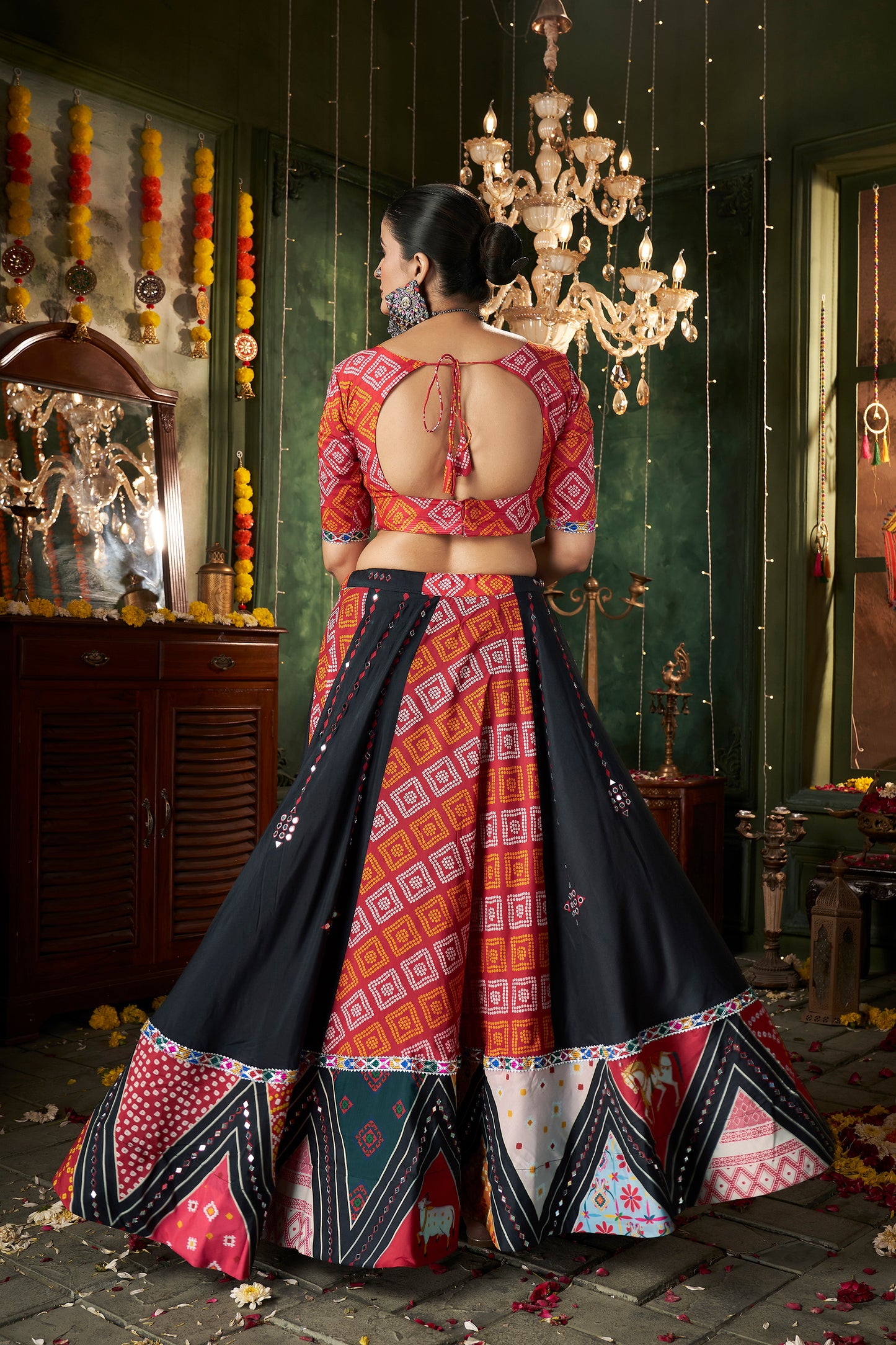 Black Muslin Cotton Mirror work Navratri Lehenga