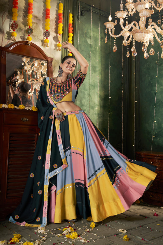 Multi color Muslin Cotton Mirror work Navratri Lehenga