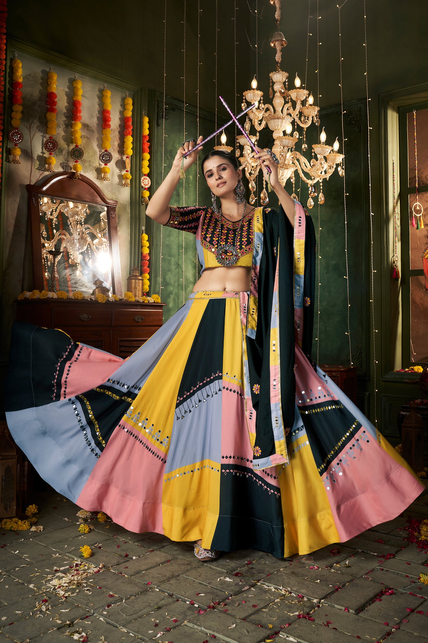 Multi color Muslin Cotton Mirror work Navratri Lehenga