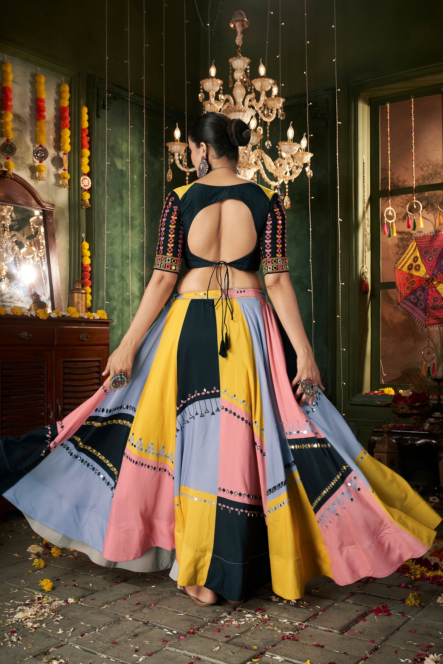 Multi color Muslin Cotton Mirror work Navratri Lehenga