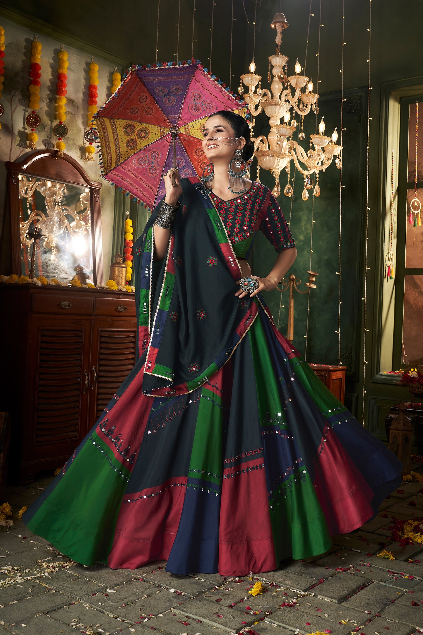 Dark green Multi color Muslin Cotton Mirror work Navratri Lehenga