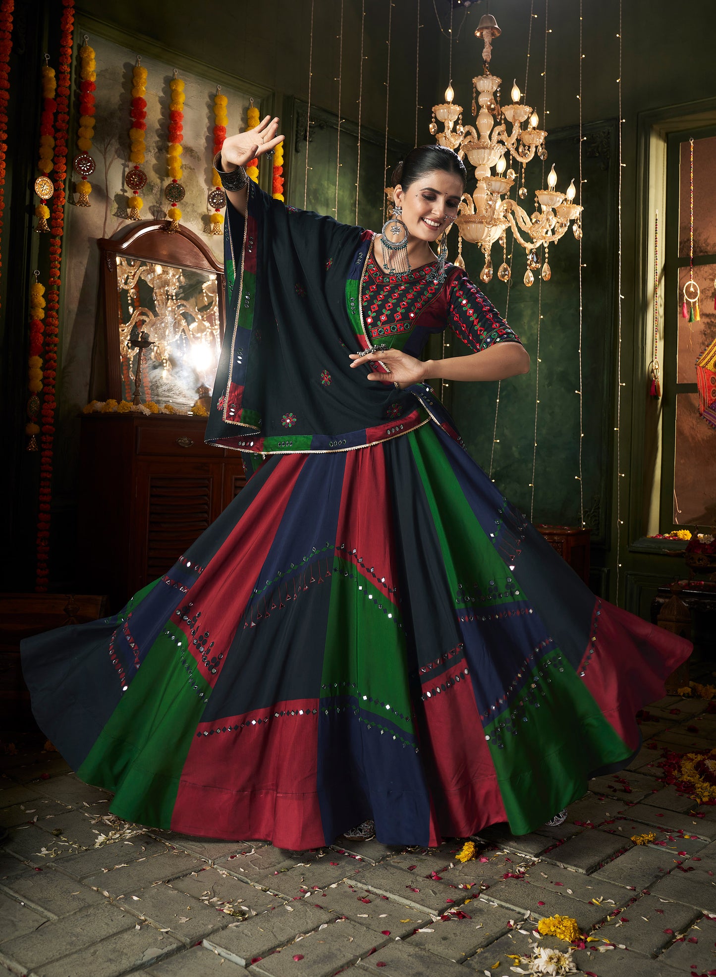 Dark green Multi color Muslin Cotton Mirror work Navratri Lehenga