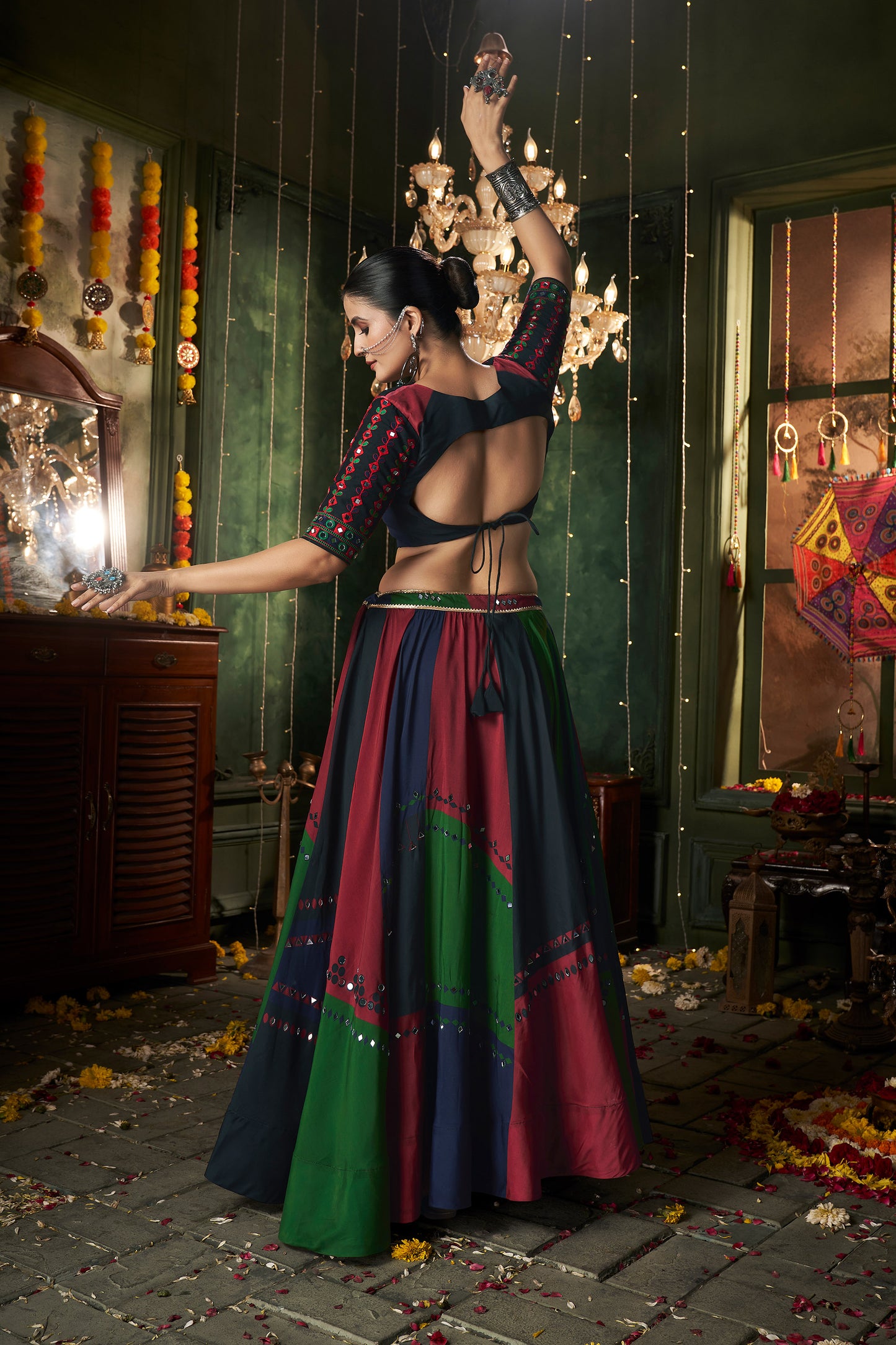 Dark green Multi color Muslin Cotton Mirror work Navratri Lehenga