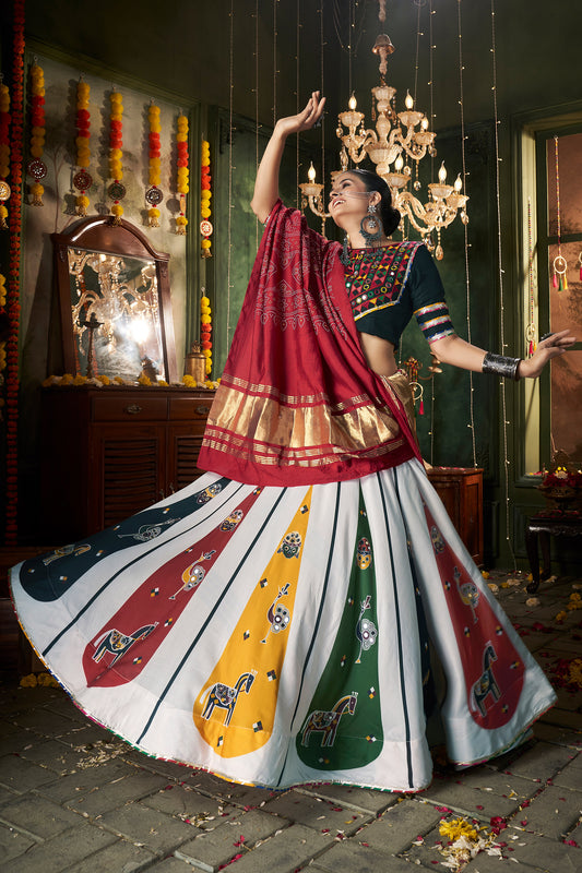 White Muslin Cotton Mirror work Navratri Lehenga