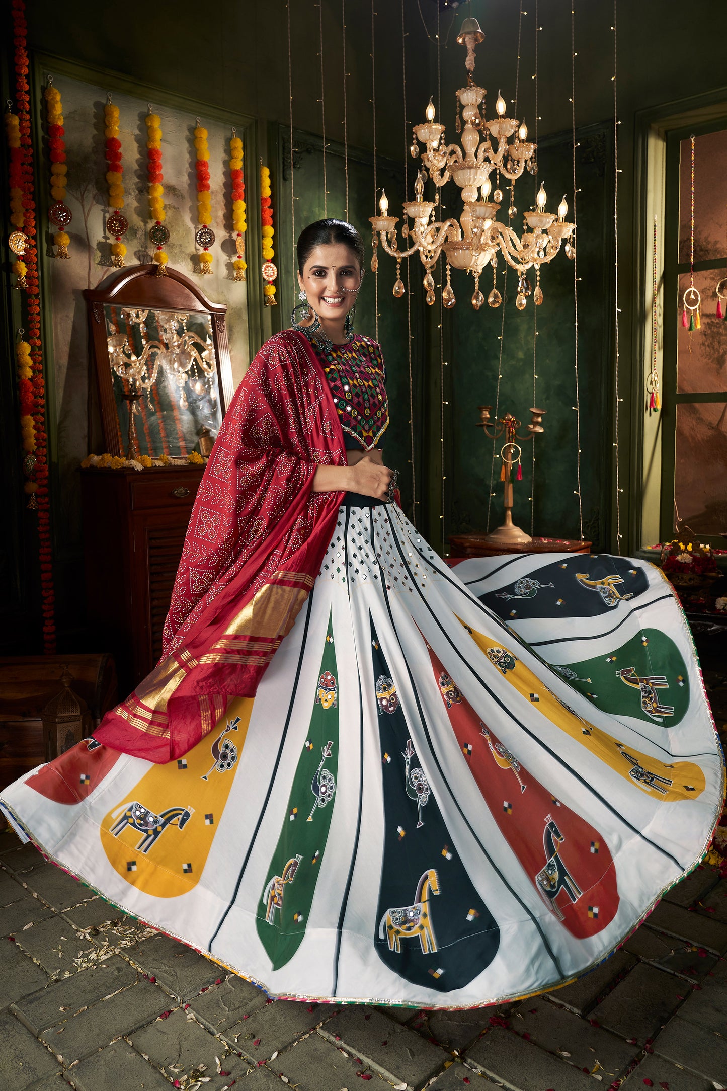 White Muslin Cotton Mirror work Navratri Lehenga