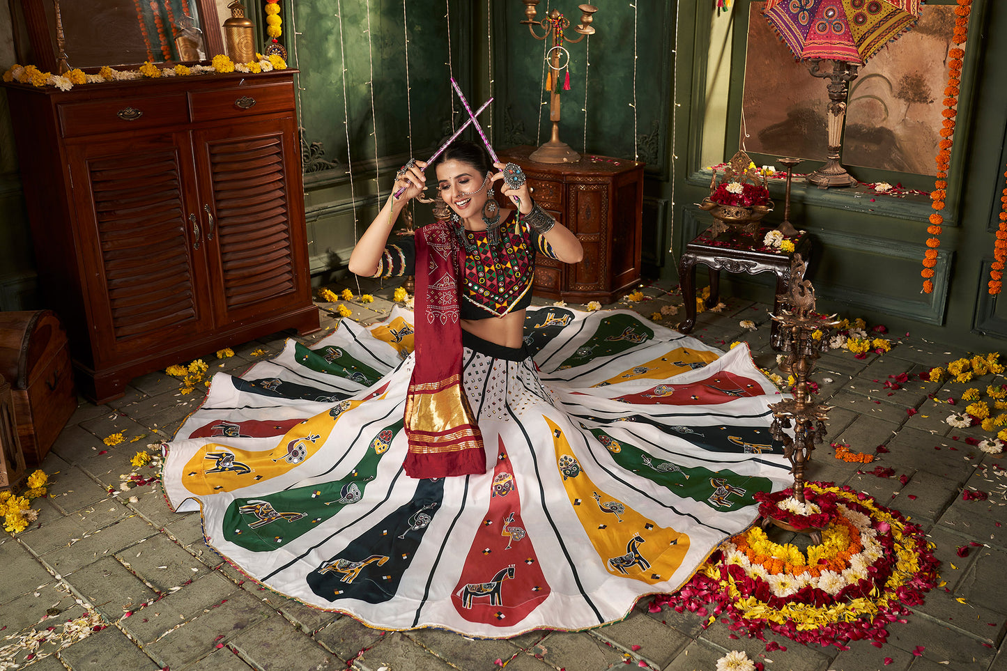 White Muslin Cotton Mirror work Navratri Lehenga