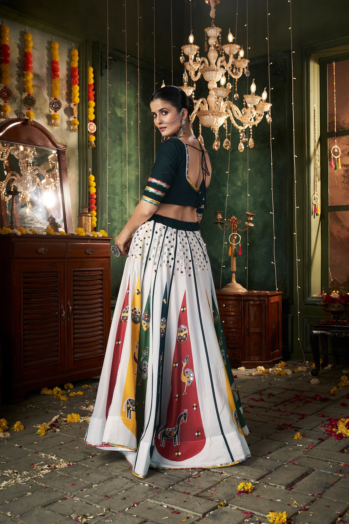 White Muslin Cotton Mirror work Navratri Lehenga