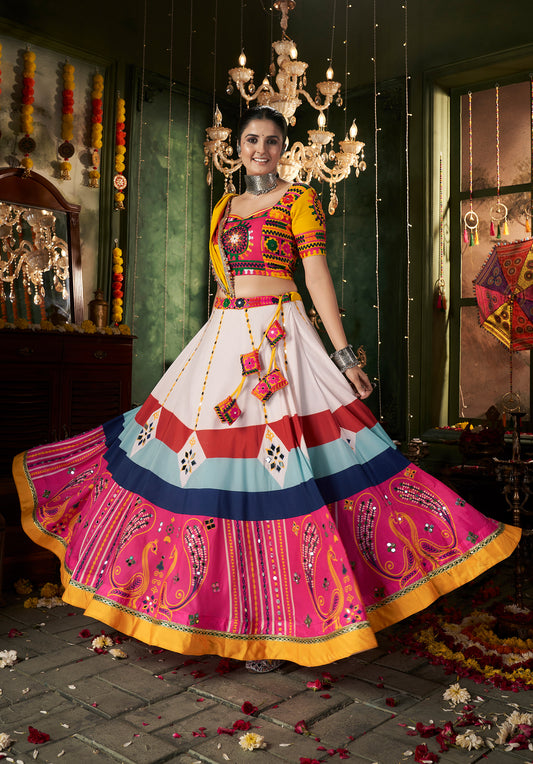 White and Pink Muslin Cotton Mirror work Navratri Lehenga