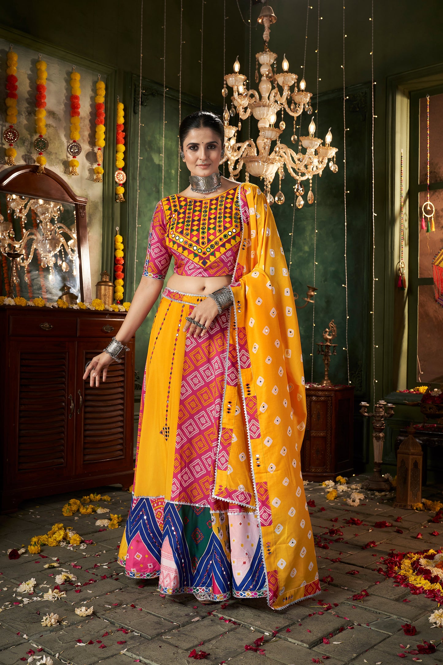 Yellow Muslin Cotton Mirror work Navratri Lehenga