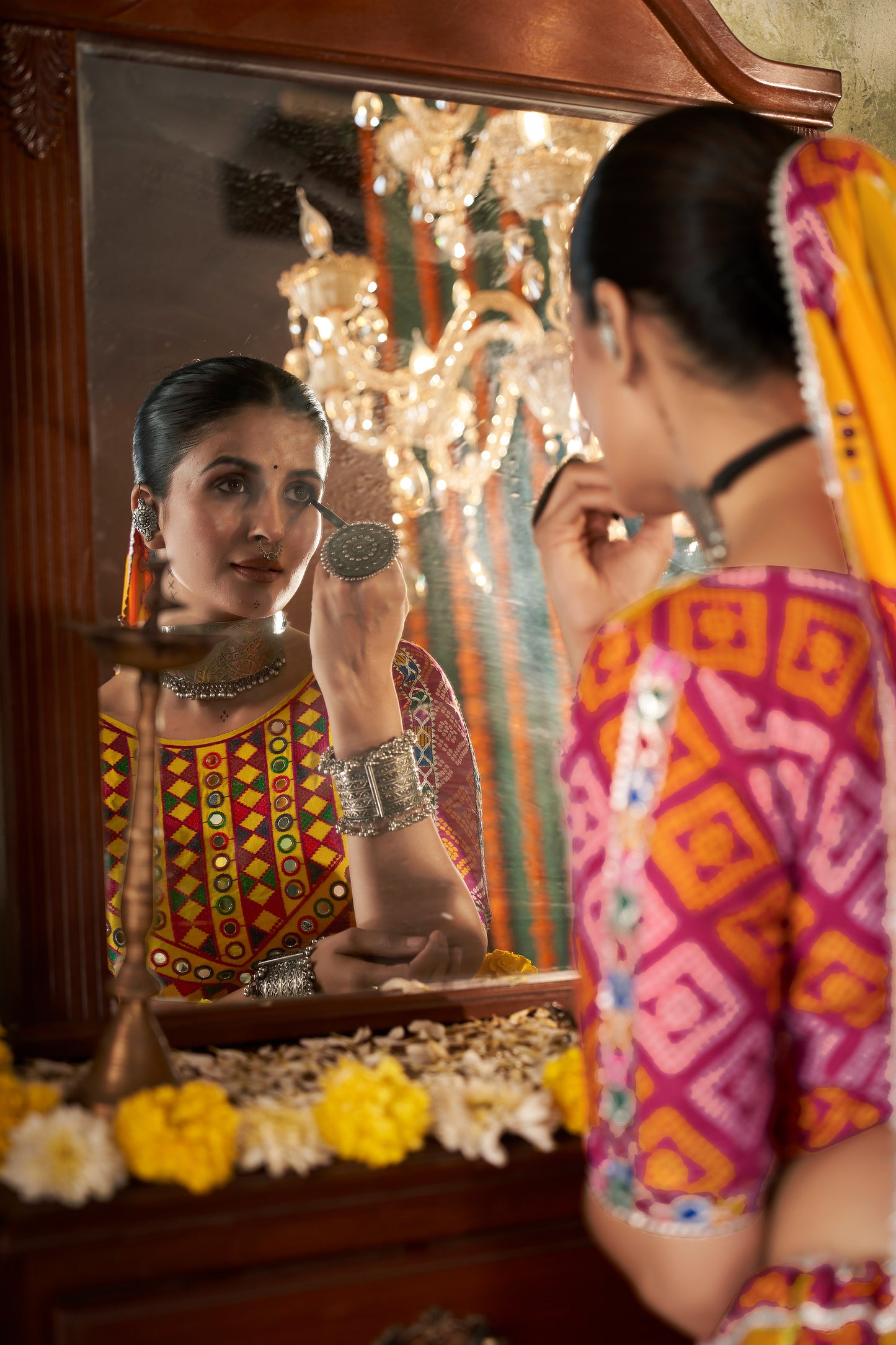 Yellow Muslin Cotton Mirror work Navratri Lehenga